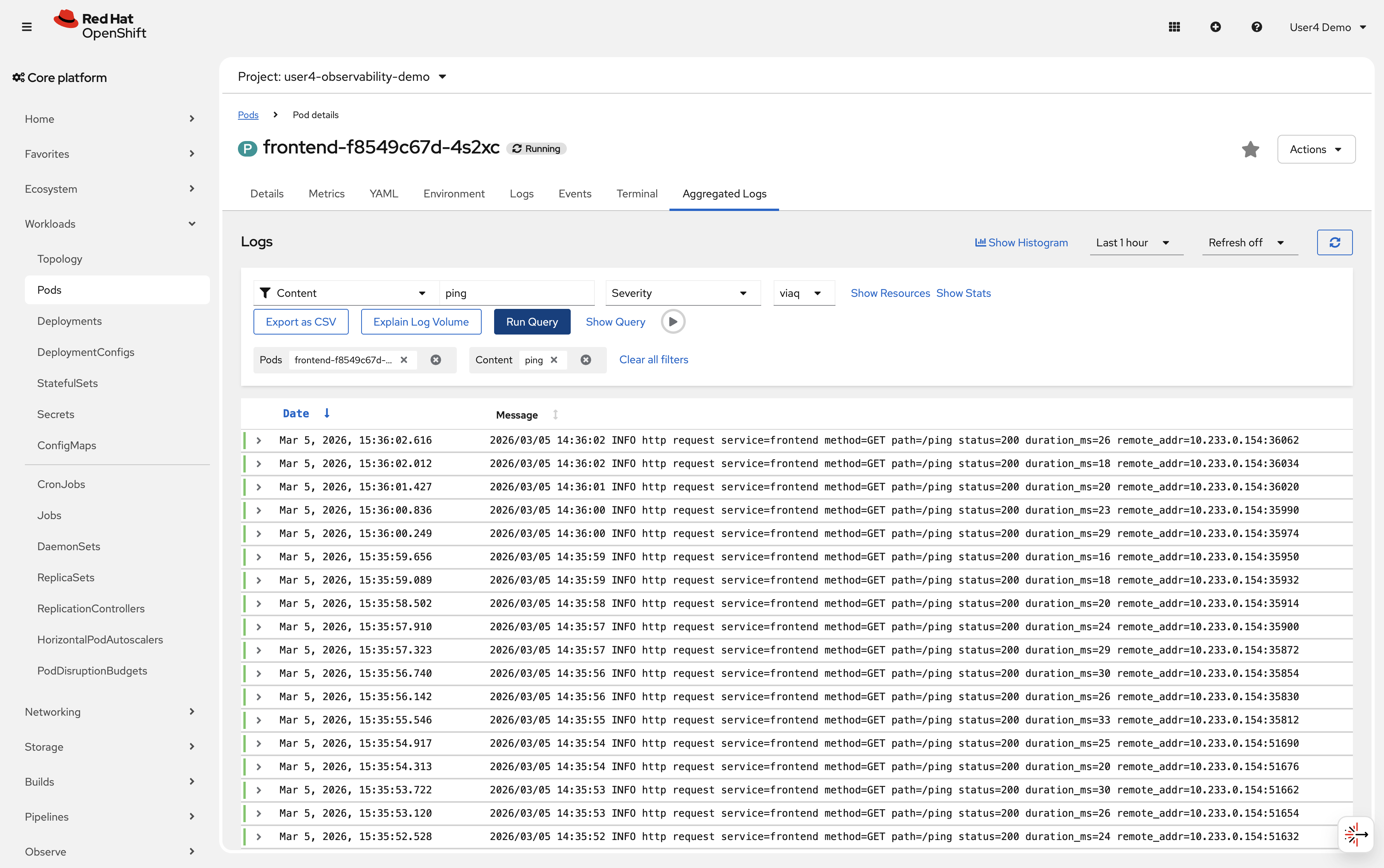 Aggregated logs view in OpenShift Console