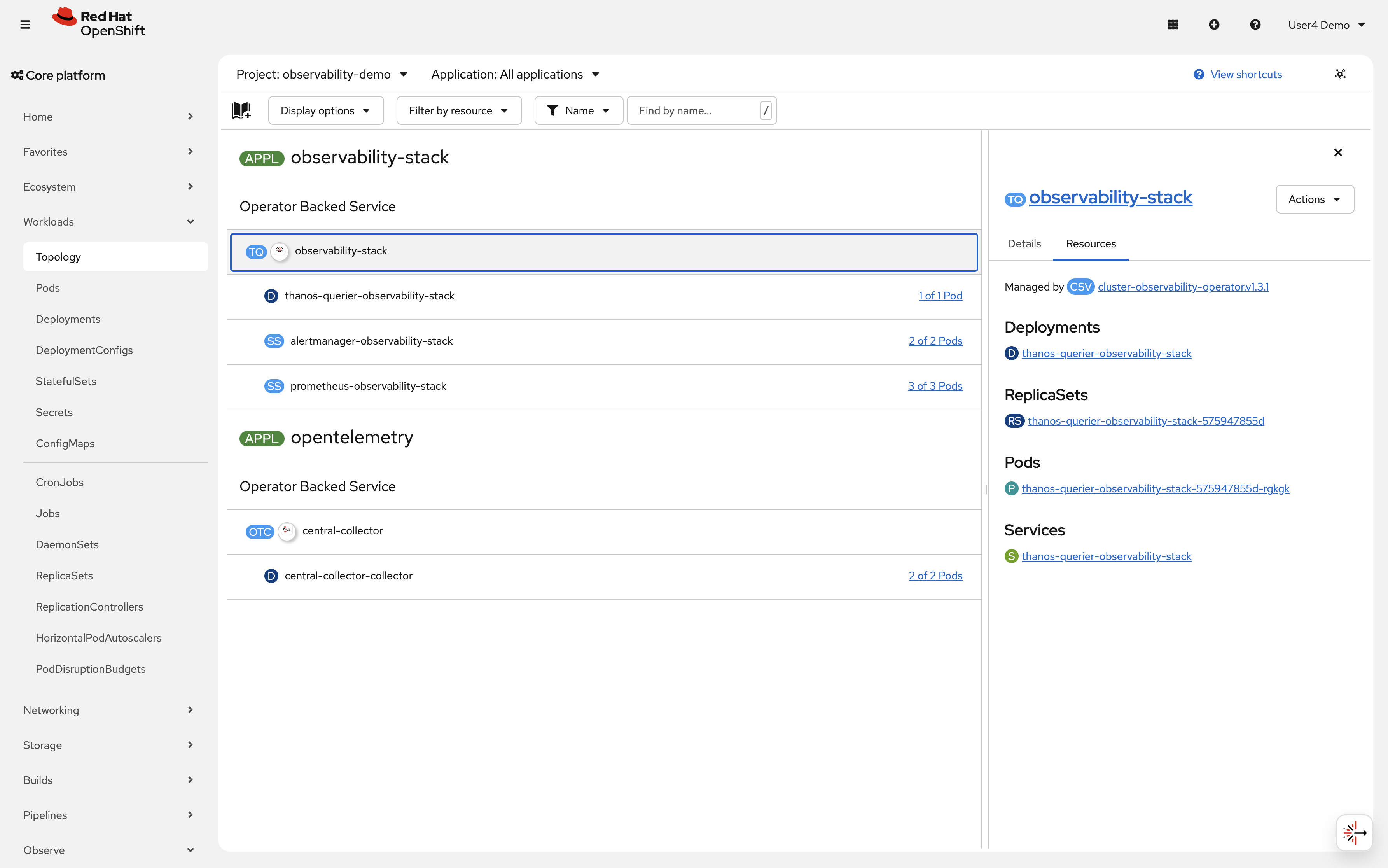 Monitoring topology showing COO stack in observability-demo namespace