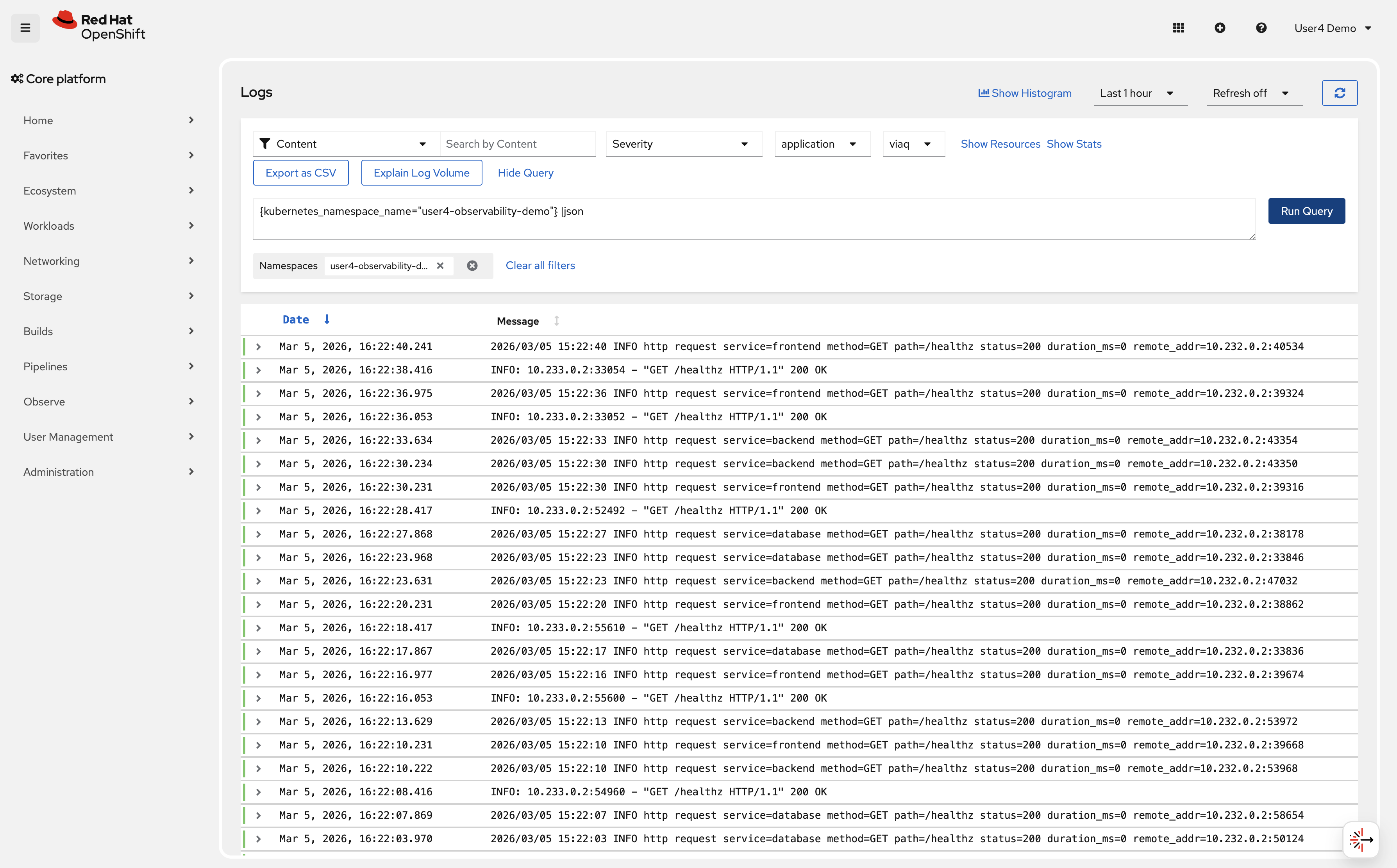 LogQL query results showing logs from all pods