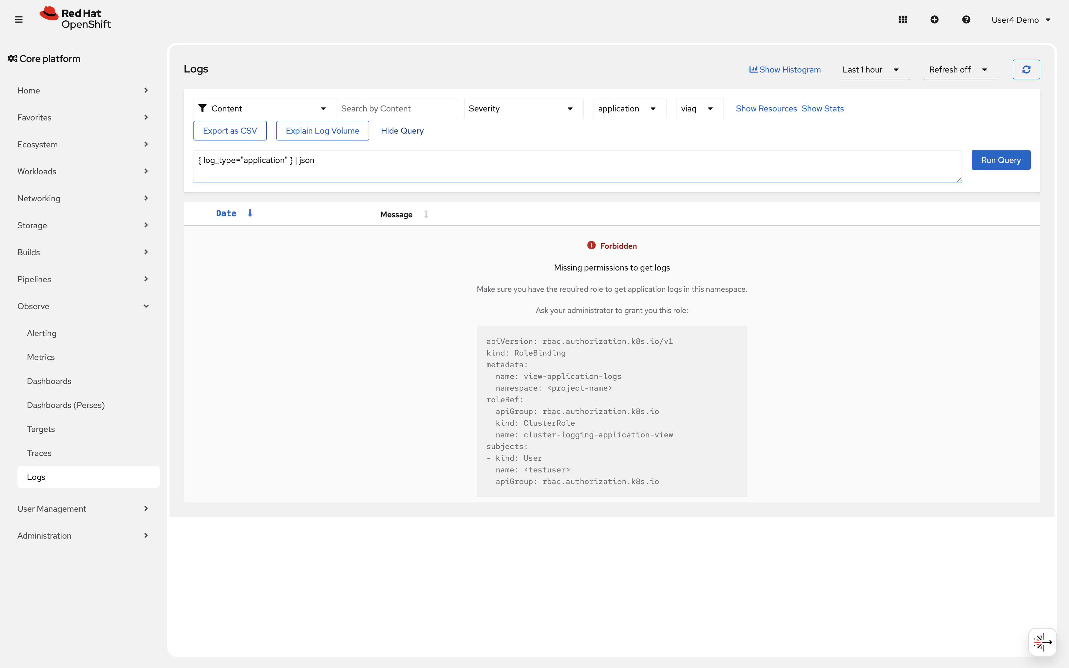 LogQL query editor in OpenShift Console