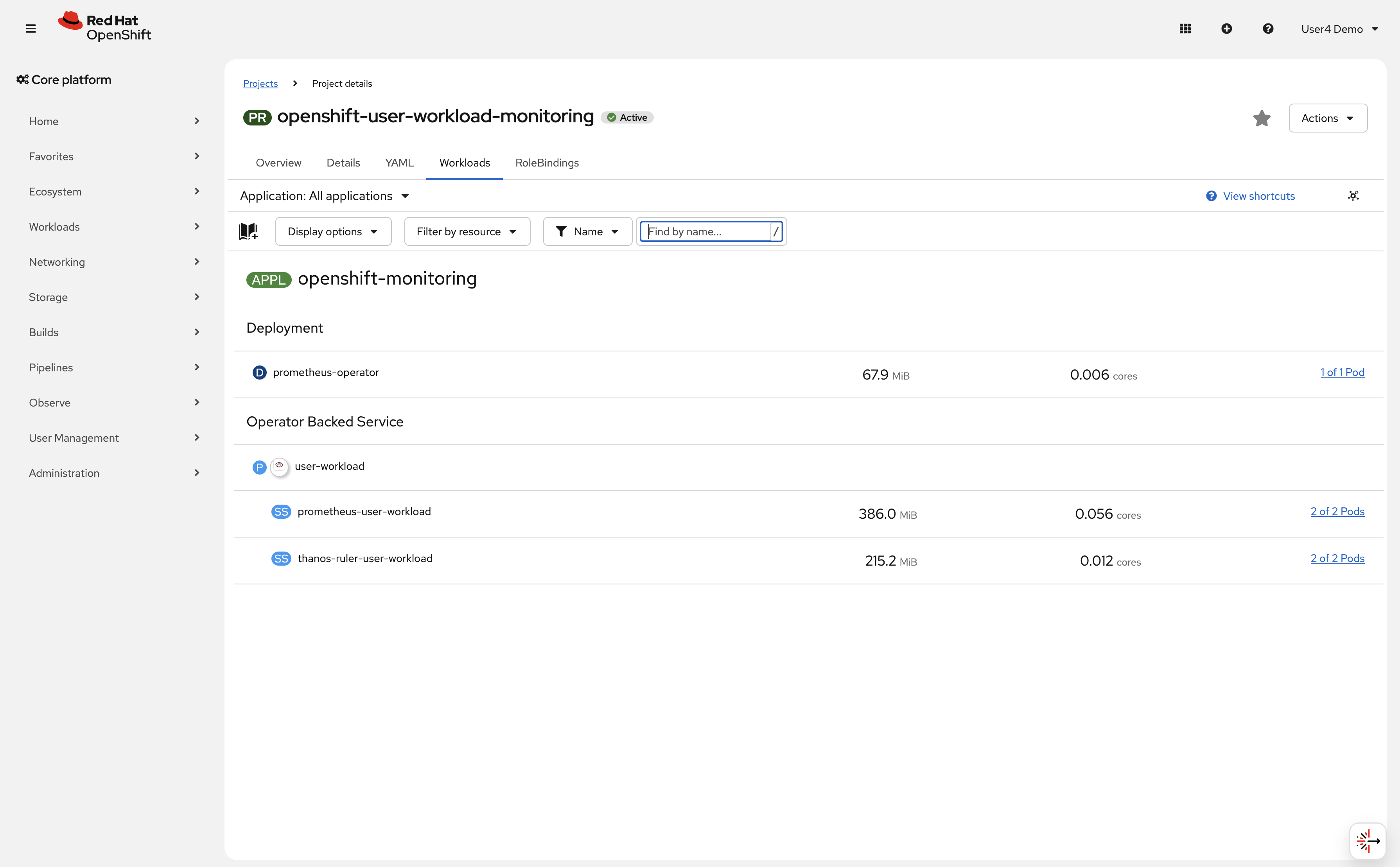 User workload monitoring in OpenShift console